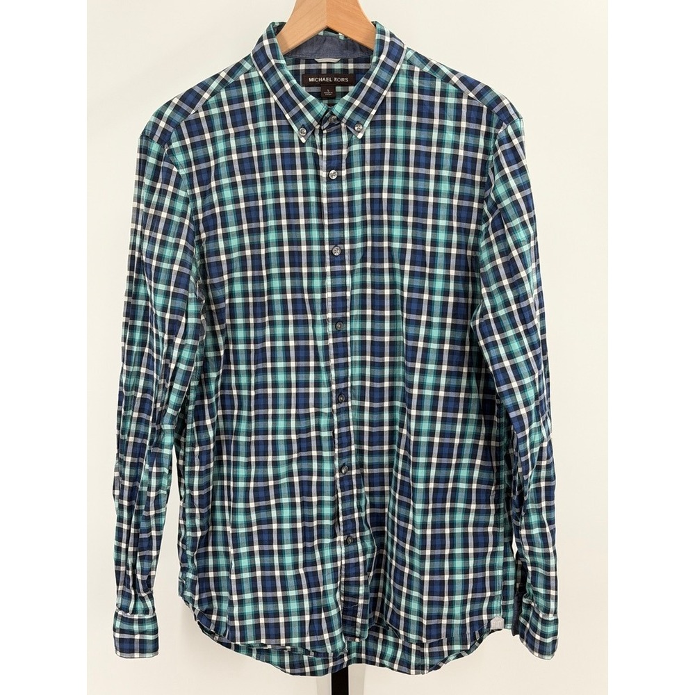 Michael Kors Mens L Slim Fit Plaid Button Down Shirt Long Sleeve Business Casual